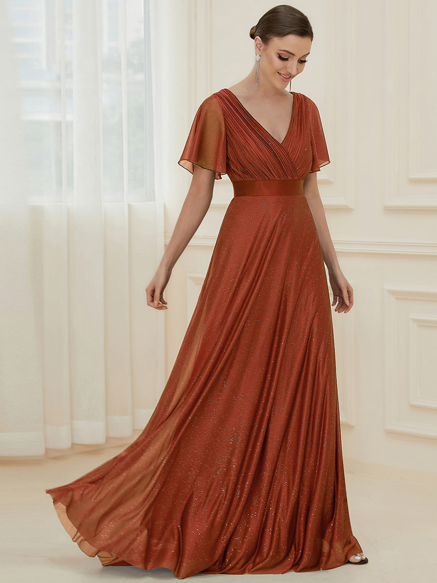 Bodenlanger A-Linien Kleid Mit Tiefem V-Ausschnitt Aus Diamant Leinen Falten Design Kleid #Farbe_Gebranntes Orange