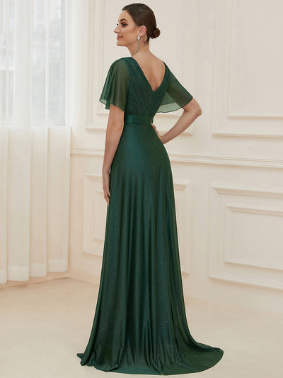 Bodenlanger A-Linien Kleid Mit Tiefem V-Ausschnitt Aus Diamant Leinen Falten Design Kleid #Farbe_Dunkelgrün