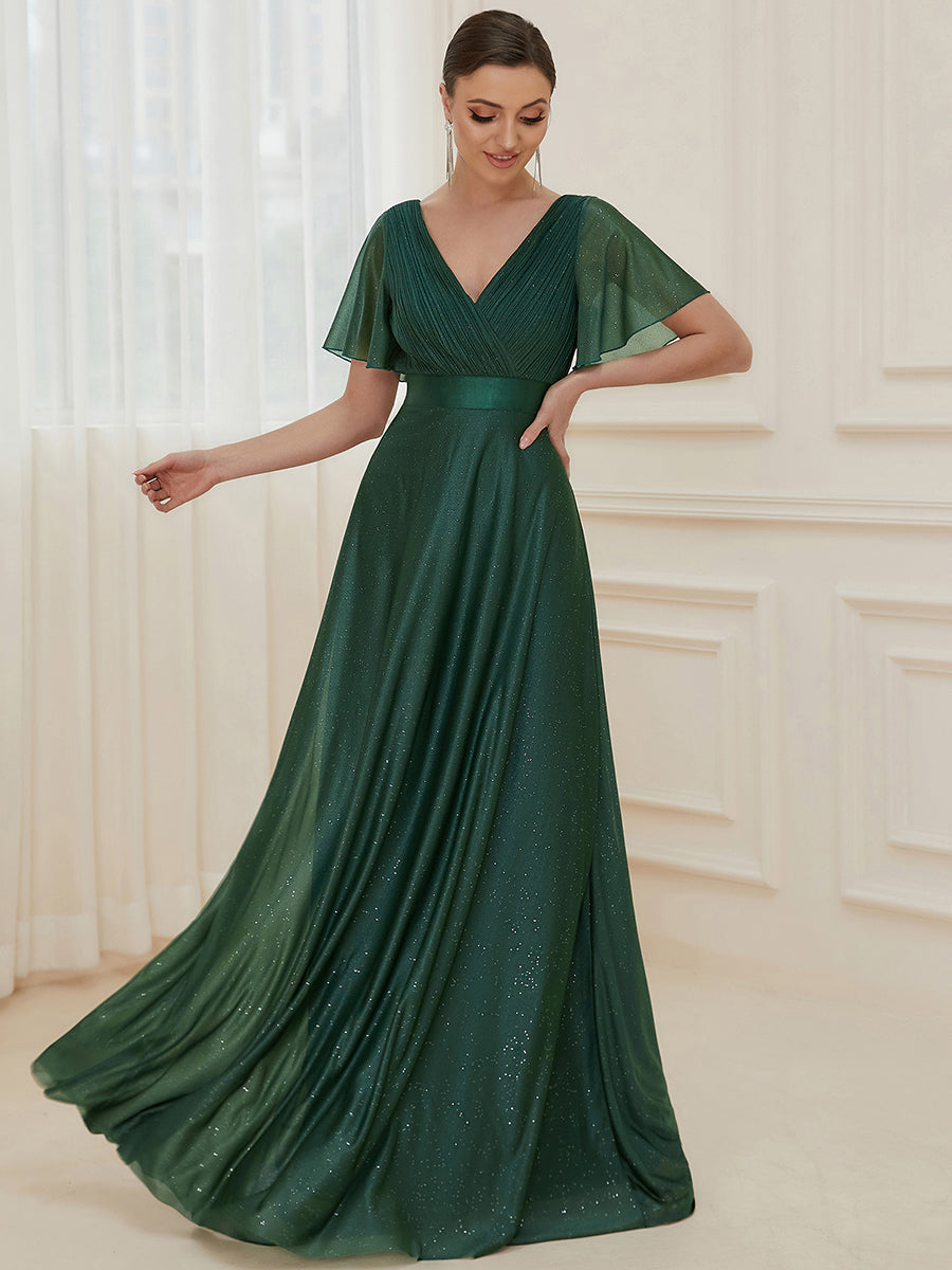 Bodenlanger A-Linien Kleid Mit Tiefem V-Ausschnitt Aus Diamant Leinen Falten Design Kleid #Farbe_Dunkelgrün
