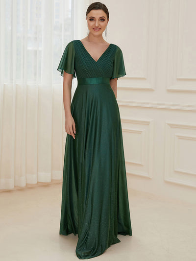Bodenlanger A-Linien Kleid Mit Tiefem V-Ausschnitt Aus Diamant Leinen Falten Design Kleid #Farbe_Dunkelgrün