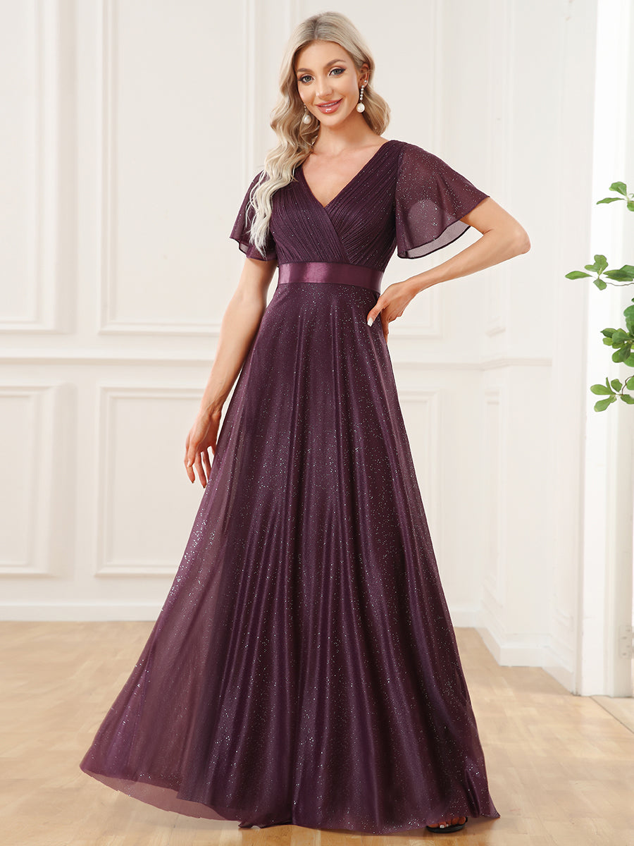 Bodenlanger A-Linien Kleid Mit Tiefem V-Ausschnitt Aus Diamant Leinen Falten Design Kleid #Farbe_Dunkelviolett