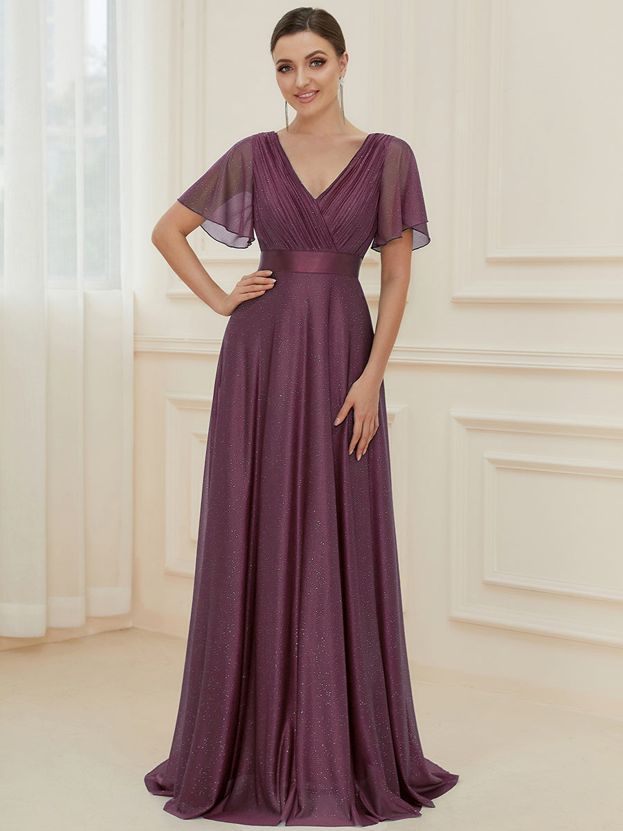 Bodenlanger A-Linien Kleid Mit Tiefem V-Ausschnitt Aus Diamant Leinen Falten Design Kleid #Farbe_Dunkelviolett