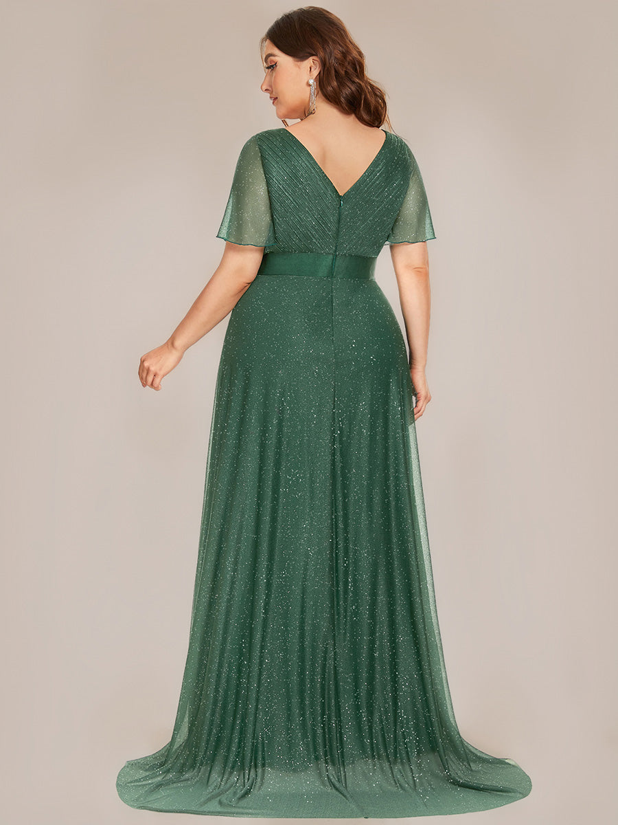 Bodenlanger A-Linien Kleid Mit Tiefem V-Ausschnitt Aus Diamant Leinen Falten Design Kleid #Farbe_Eukalyptus