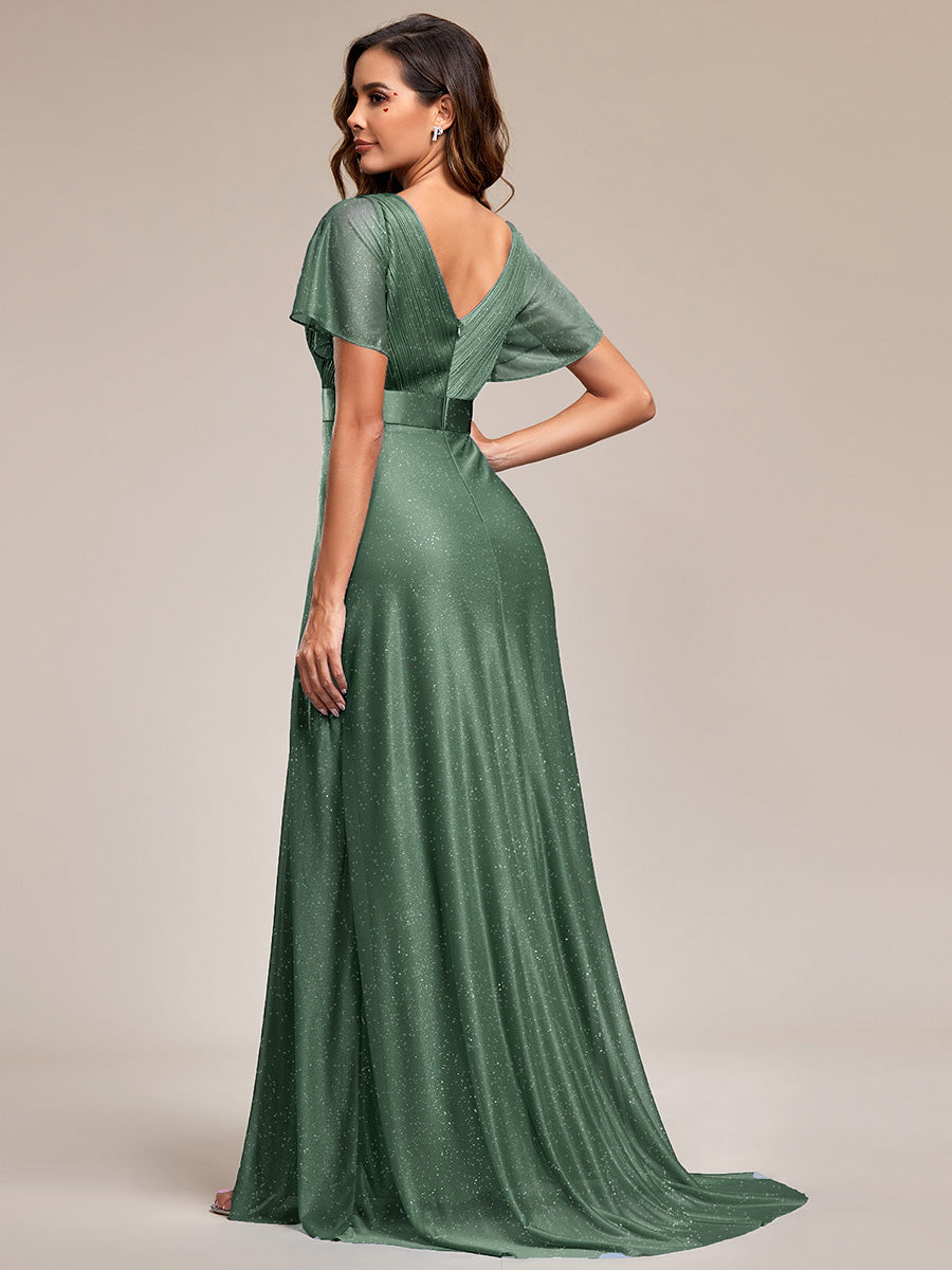 Bodenlanger A-Linien Kleid Mit Tiefem V-Ausschnitt Aus Diamant Leinen Falten Design Kleid #Farbe_Eukalyptus