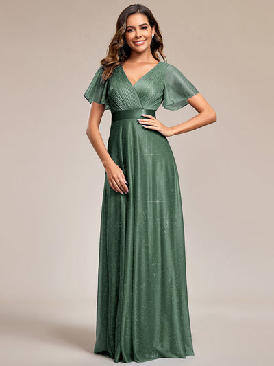 Bodenlanger A-Linien Kleid Mit Tiefem V-Ausschnitt Aus Diamant Leinen Falten Design Kleid #Farbe_Eukalyptus