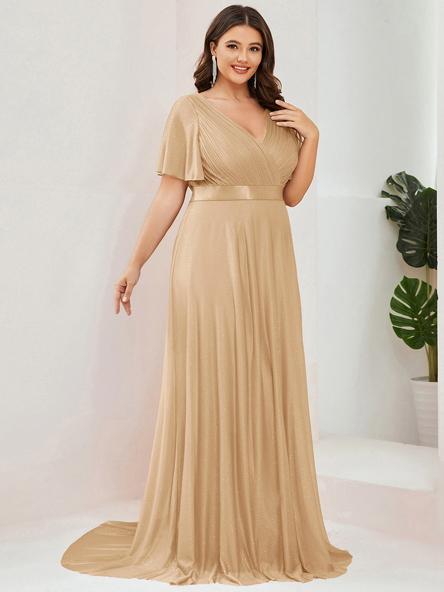 Bodenlanger A-Linien Kleid Mit Tiefem V-Ausschnitt Aus Diamant Leinen Falten Design Kleid #Farbe_Gold