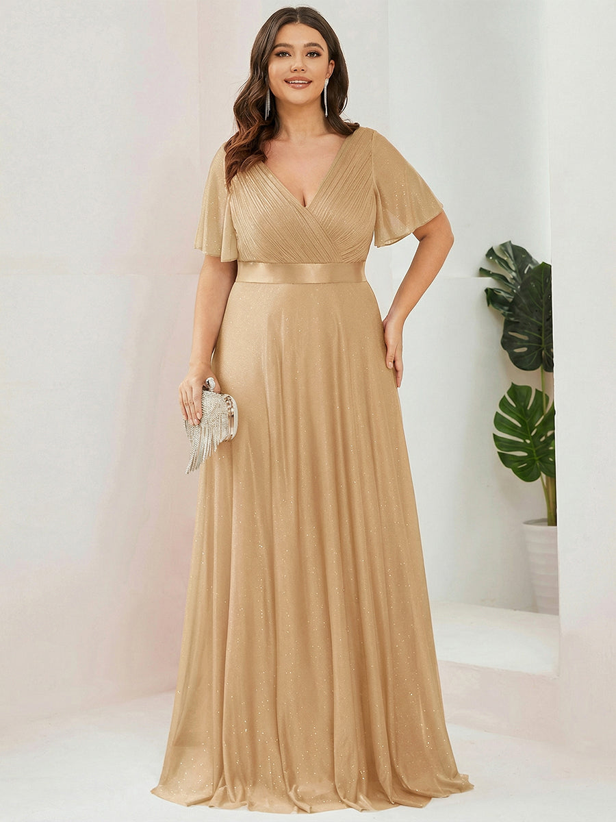 Bodenlanger A-Linien Kleid Mit Tiefem V-Ausschnitt Aus Diamant Leinen Falten Design Kleid #Farbe_Gold