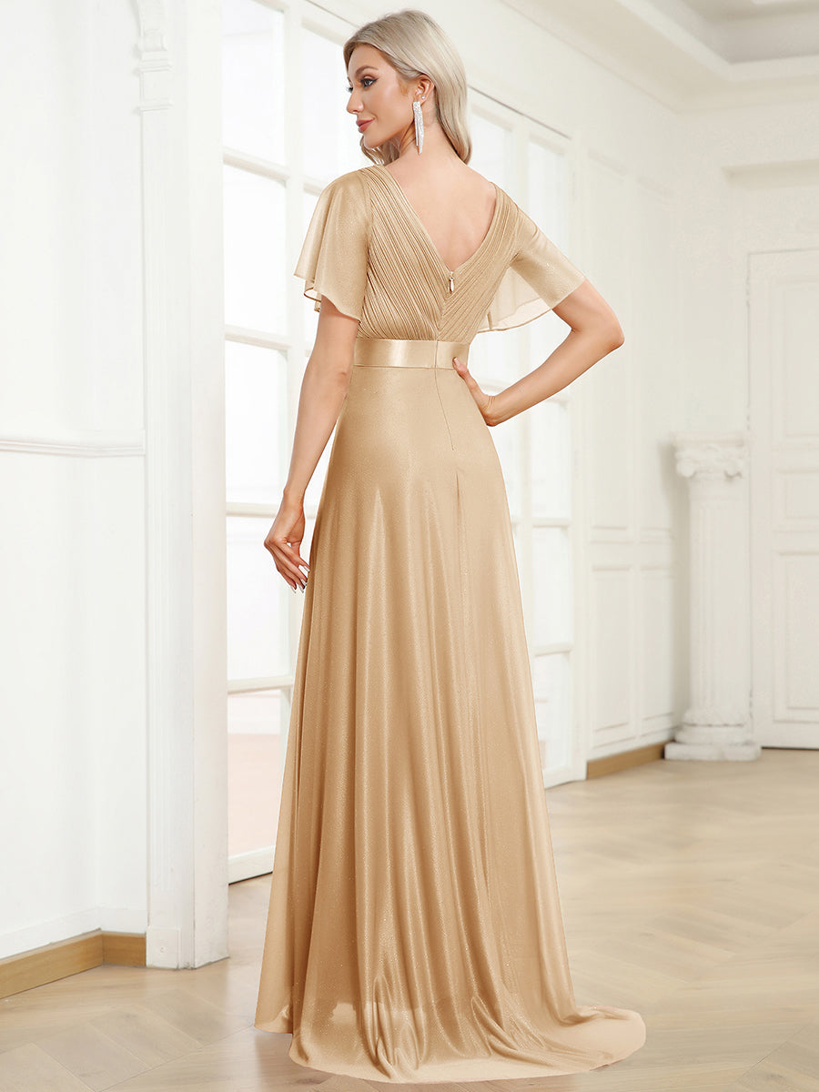 Bodenlanger A-Linien Kleid Mit Tiefem V-Ausschnitt Aus Diamant Leinen Falten Design Kleid #Farbe_Gold