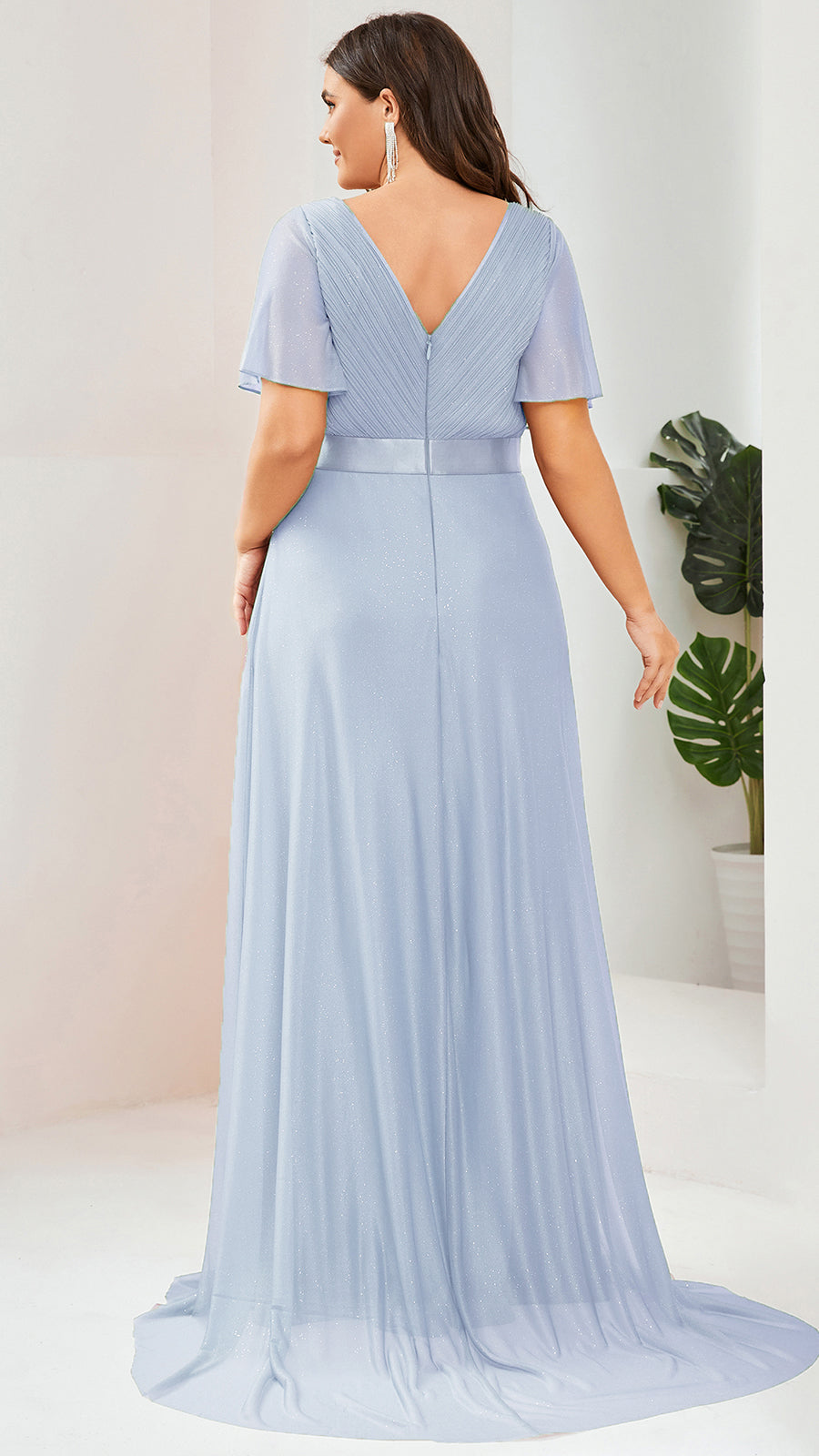 Bodenlanger A-Linien Kleid Mit Tiefem V-Ausschnitt Aus Diamant Leinen Falten Design Kleid #Farbe_Eisblau