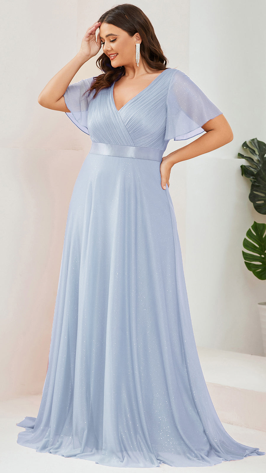 Bodenlanger A-Linien Kleid Mit Tiefem V-Ausschnitt Aus Diamant Leinen Falten Design Kleid #Farbe_Eisblau