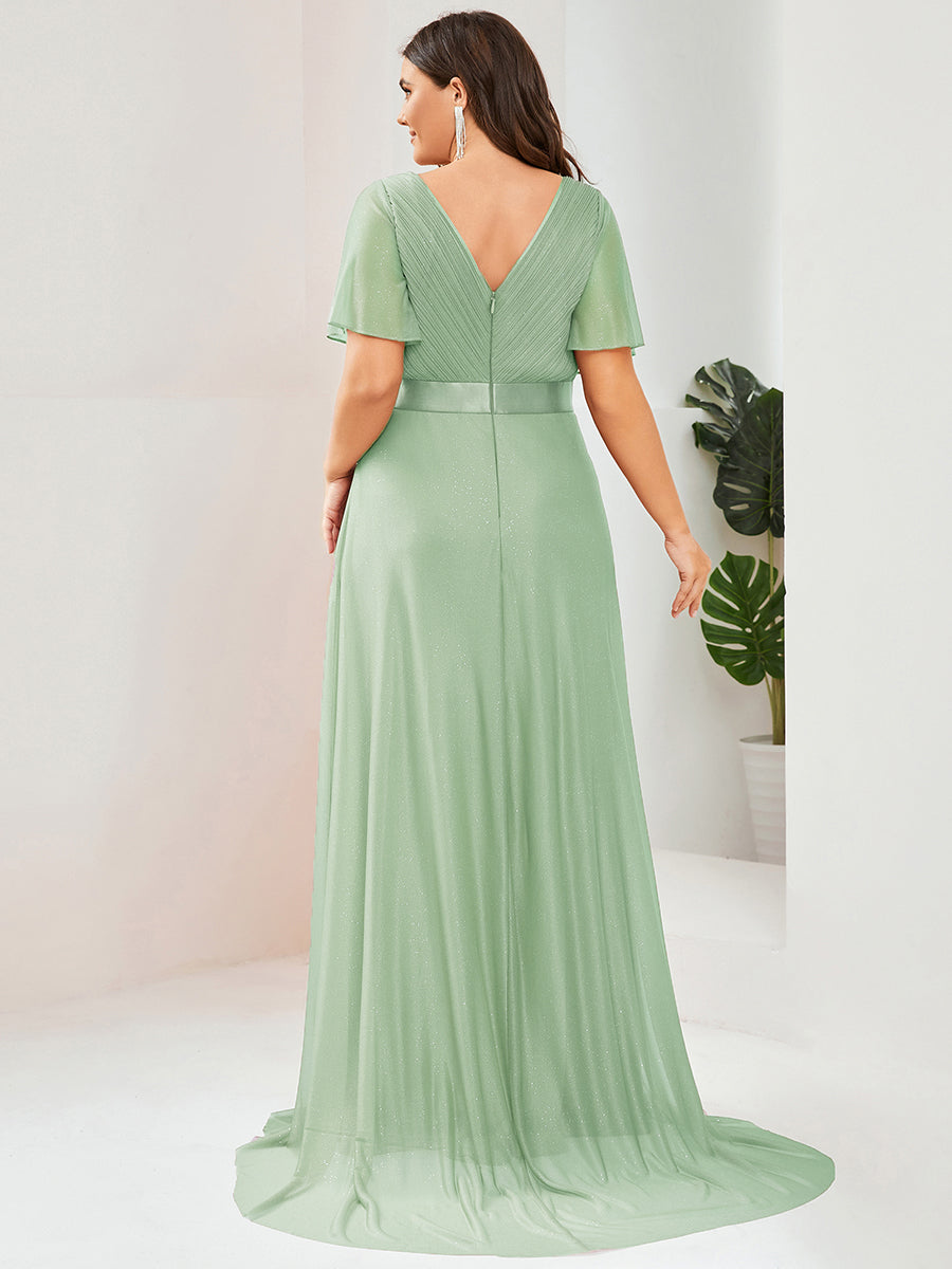 Bodenlanger A-Linien Kleid Mit Tiefem V-Ausschnitt Aus Diamant Leinen Falten Design Kleid #Farbe_Mintgrün