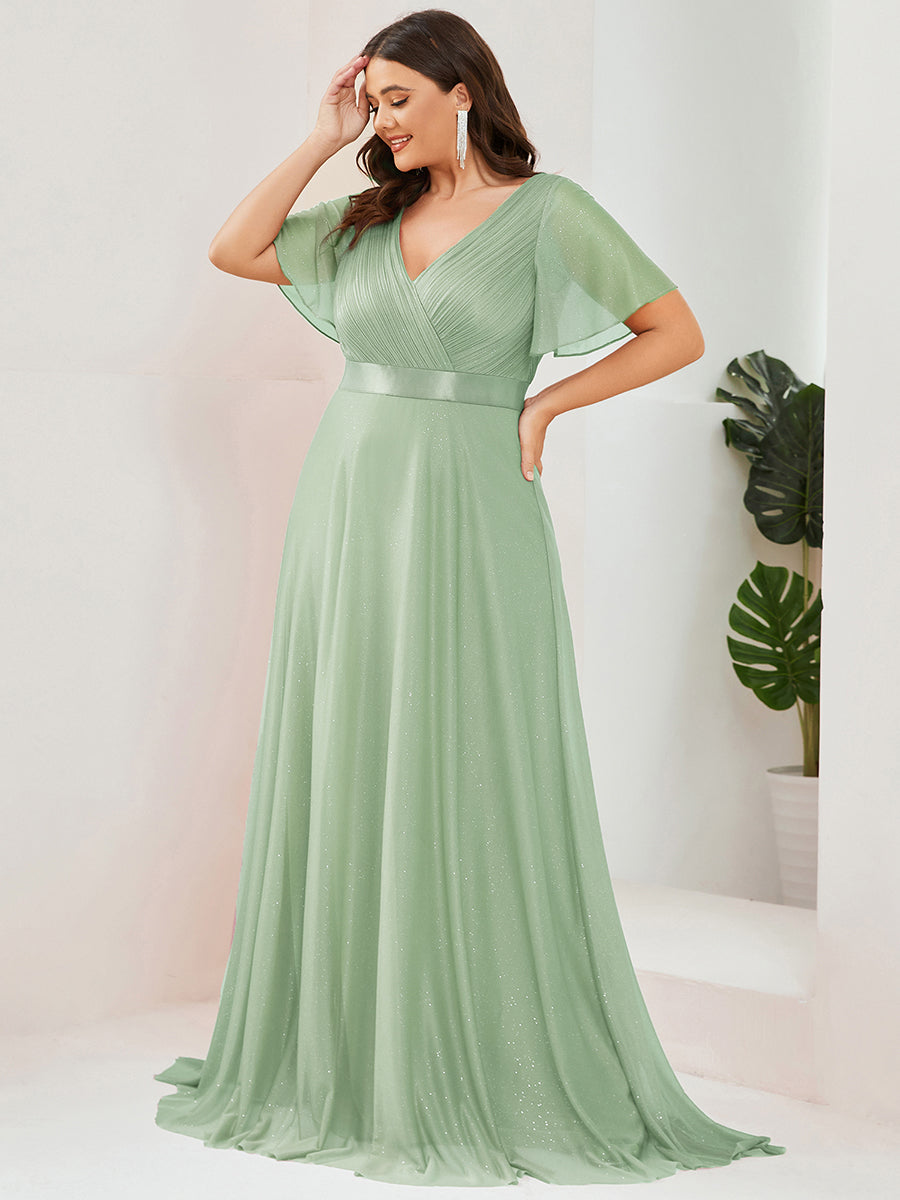 Bodenlanger A-Linien Kleid Mit Tiefem V-Ausschnitt Aus Diamant Leinen Falten Design Kleid #Farbe_Mintgrün