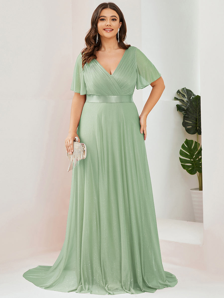 Bodenlanger A-Linien Kleid Mit Tiefem V-Ausschnitt Aus Diamant Leinen Falten Design Kleid #Farbe_Mintgrün