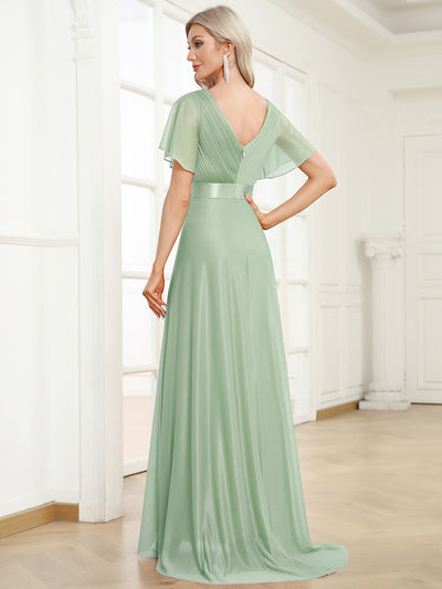 Bodenlanger A-Linien Kleid Mit Tiefem V-Ausschnitt Aus Diamant Leinen Falten Design Kleid #Farbe_Mintgrün