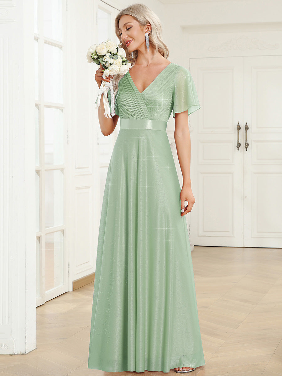 Bodenlanger A-Linien Kleid Mit Tiefem V-Ausschnitt Aus Diamant Leinen Falten Design Kleid #Farbe_Mintgrün