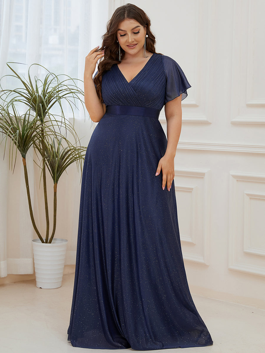 Bodenlanger A-Linien Kleid Mit Tiefem V-Ausschnitt Aus Diamant Leinen Falten Design Kleid #Farbe_Marineblau