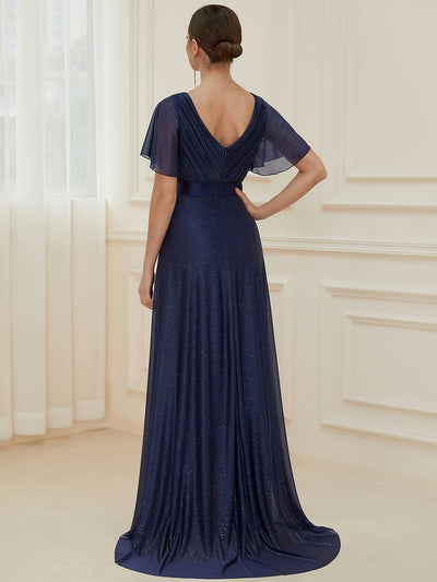 Bodenlanger A-Linien Kleid Mit Tiefem V-Ausschnitt Aus Diamant Leinen Falten Design Kleid #Farbe_Marineblau