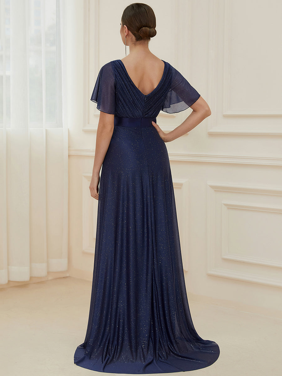 Bodenlanger A-Linien Kleid Mit Tiefem V-Ausschnitt Aus Diamant Leinen Falten Design Kleid #Farbe_Marineblau