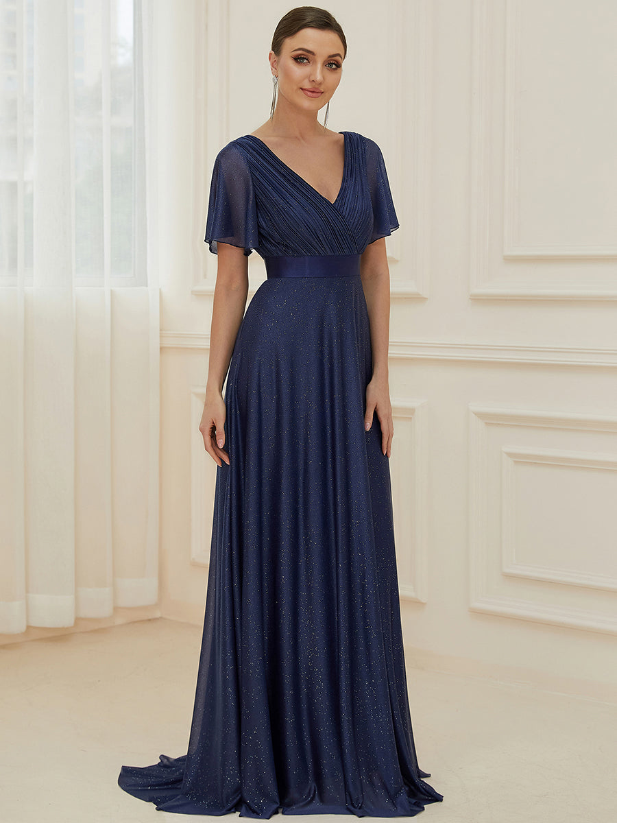 Bodenlanger A-Linien Kleid Mit Tiefem V-Ausschnitt Aus Diamant Leinen Falten Design Kleid #Farbe_Marineblau