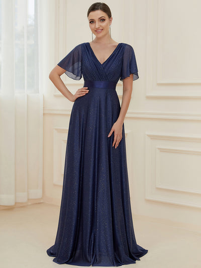 Bodenlanger A-Linien Kleid Mit Tiefem V-Ausschnitt Aus Diamant Leinen Falten Design Kleid #Farbe_Marineblau