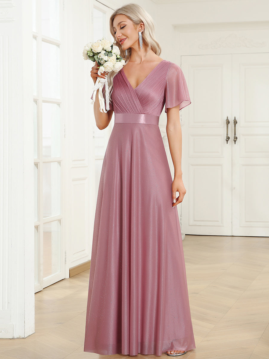 Bodenlanger A-Linien Kleid Mit Tiefem V-Ausschnitt Aus Diamant Leinen Falten Design Kleid #Farbe_Orchideenviolett