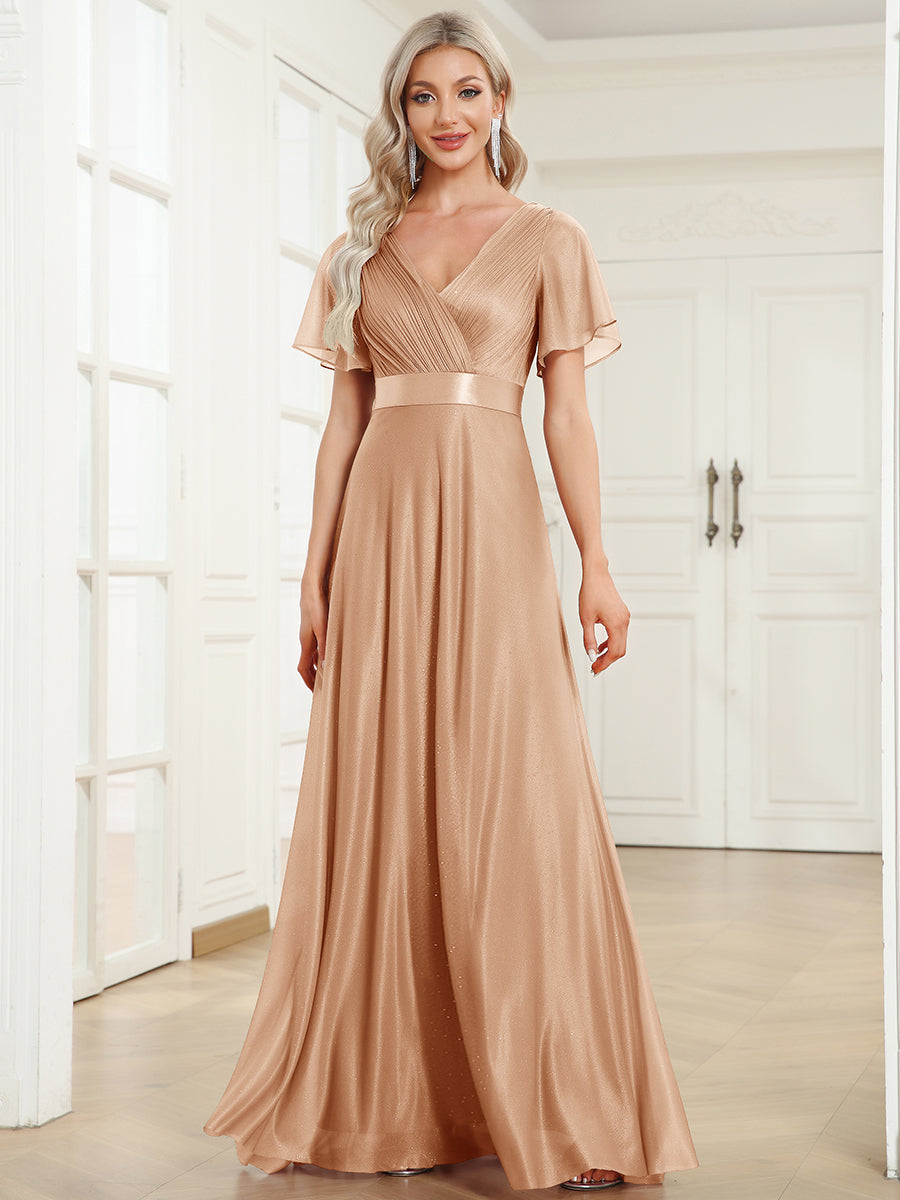 Bodenlanger V-Ausschnitt A-Linie Diamant Leinenkleid Mit Tiefem V-Ausschnitt Und Falten Details Kleid #Farbe_Roségold