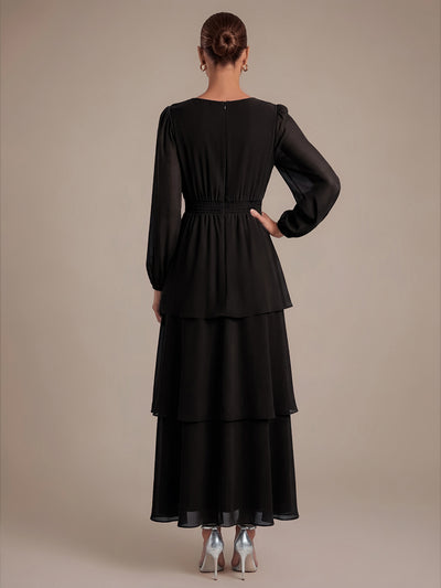 Asymmetrischer Saum Kleid Überkreuzter Ausschnitt A-Linien Schnitt Chiffon Smocked Volants #Farbe_Schwarz