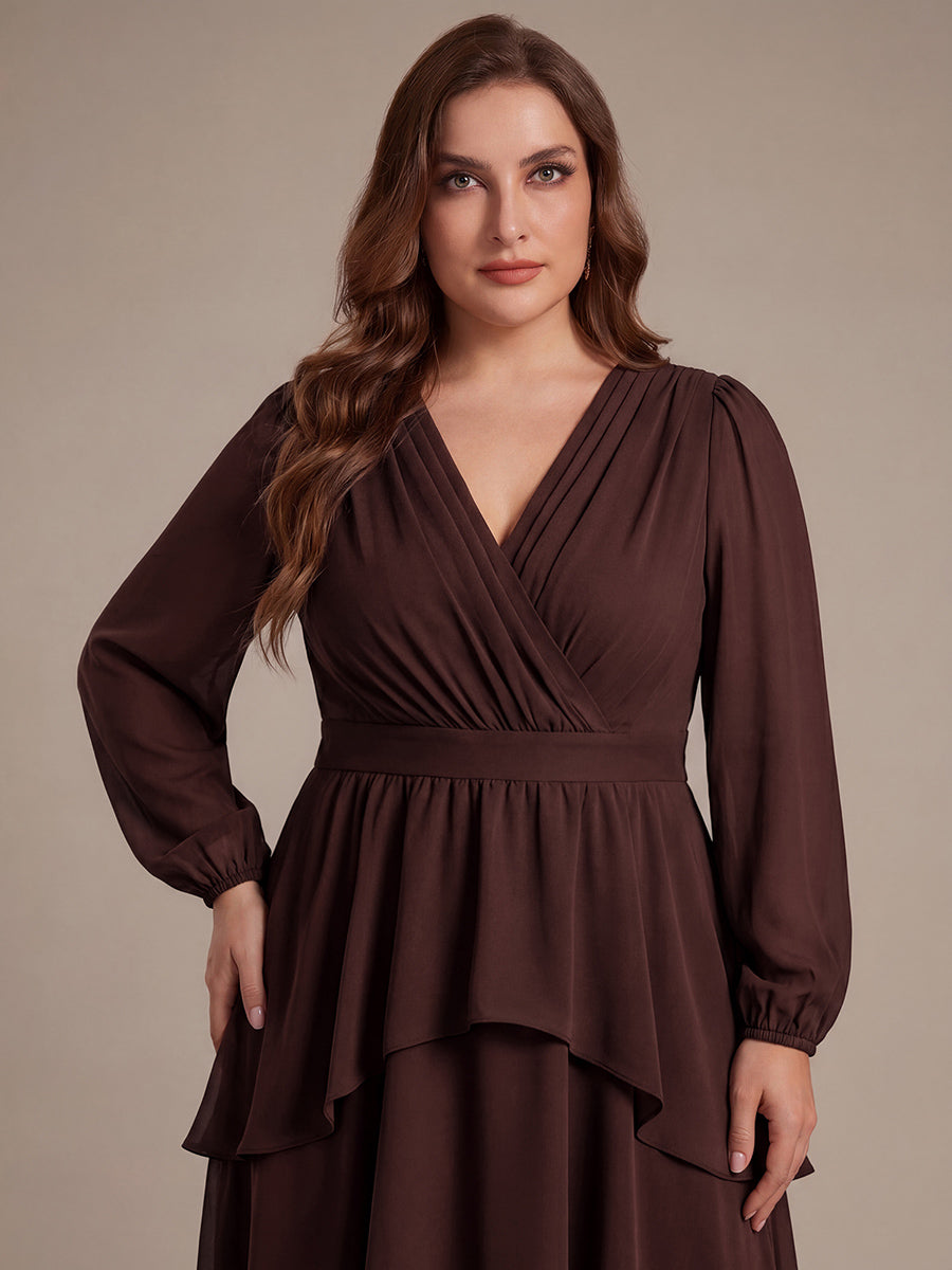 Asymmetrischer Saum Kleid Überkreuzter Ausschnitt A-Linien Schnitt Chiffon Smocked Volants #Farbe_Chocolate Brown
