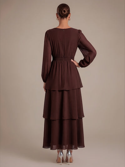 Asymmetrischer Saum Kleid Überkreuzter Ausschnitt A-Linien Schnitt Chiffon Smocked Volants #Farbe_Schokoladenbraun