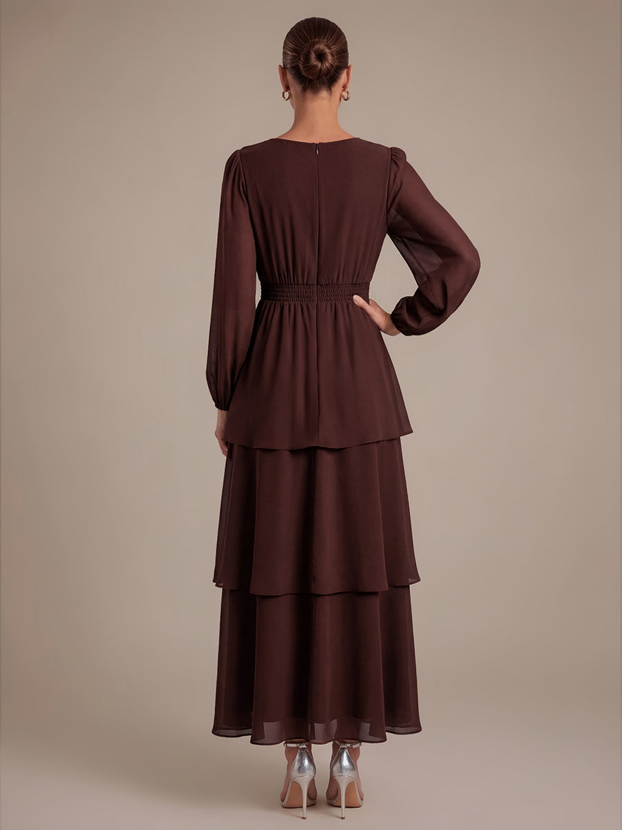 Asymmetrischer Saum Kleid Überkreuzter Ausschnitt A-Linien Schnitt Chiffon Smocked Volants #Farbe_Chocolate Brown
