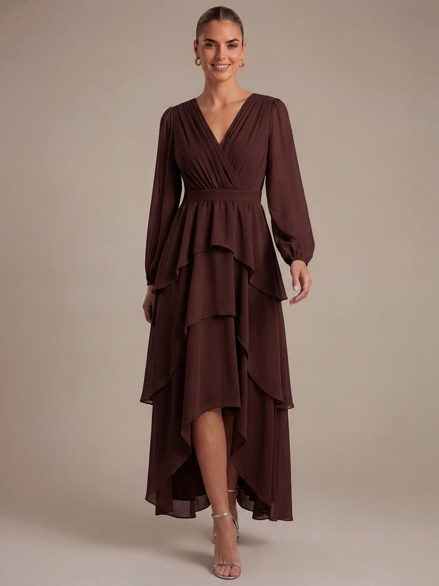 Asymmetrischer Saum Kleid Überkreuzter Ausschnitt A-Linien Schnitt Chiffon Smocked Volants #Farbe_Chocolate Brown