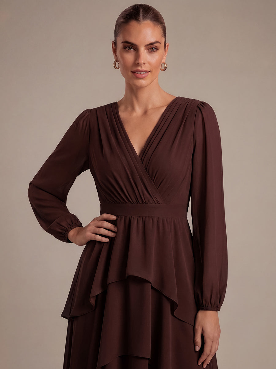 Asymmetrischer Saum Kleid Überkreuzter Ausschnitt A-Linien Schnitt Chiffon Smocked Volants #Farbe_Chocolate Brown