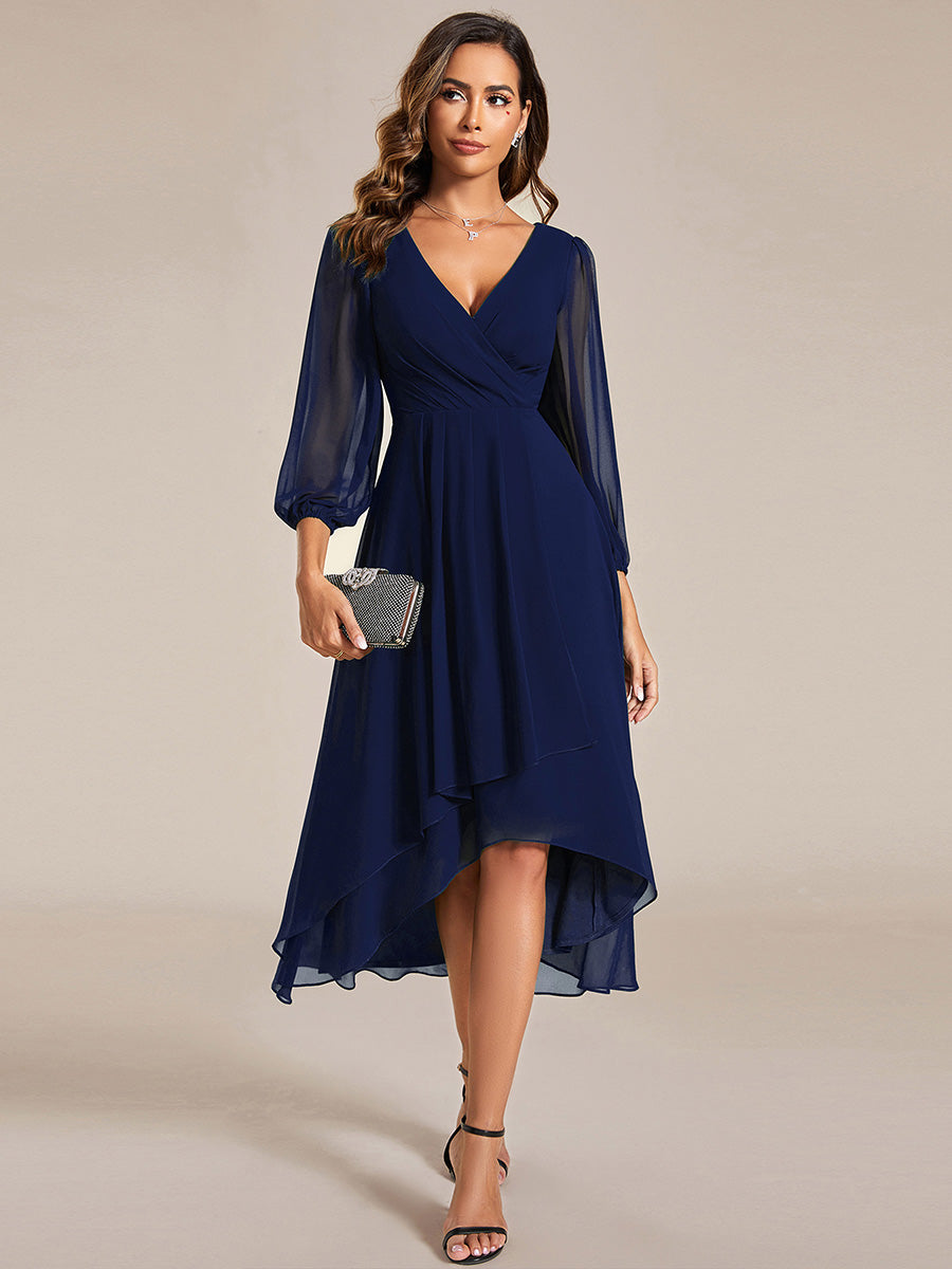 Robe d'invit¨¦ de mariage trap¨¨ze en mousseline fluide ¨¤ encolure ronde et longueur au genou #farbe_Marineblau