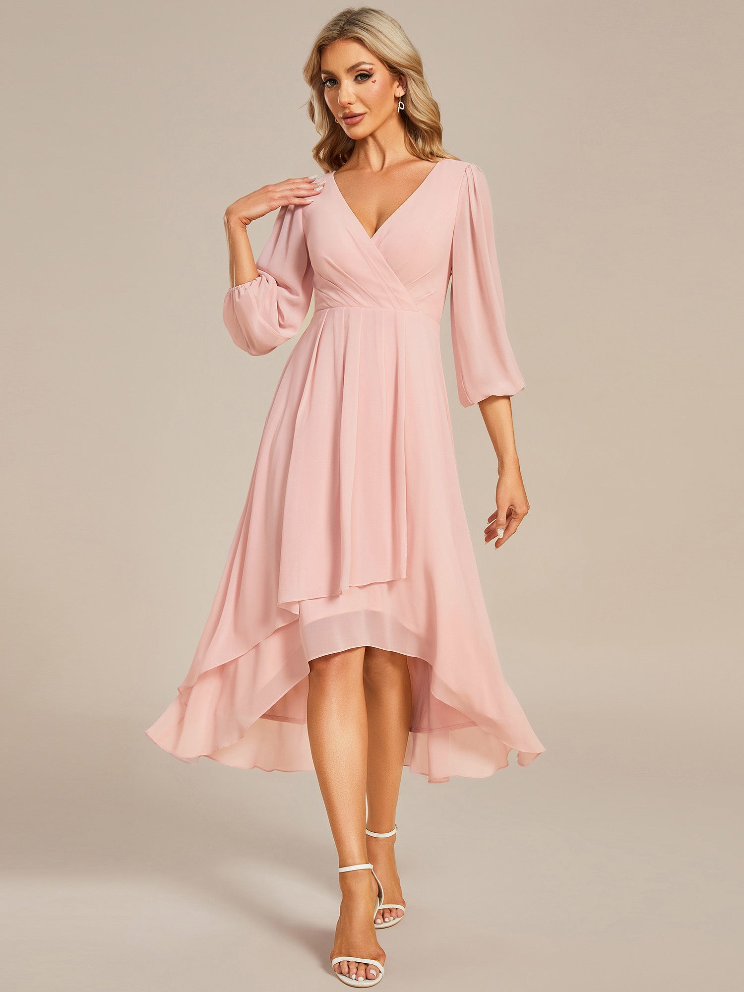 Robe d'invit¨¦ de mariage trap¨¨ze en mousseline fluide ¨¤ encolure ronde et longueur au genou #farbe_Pink