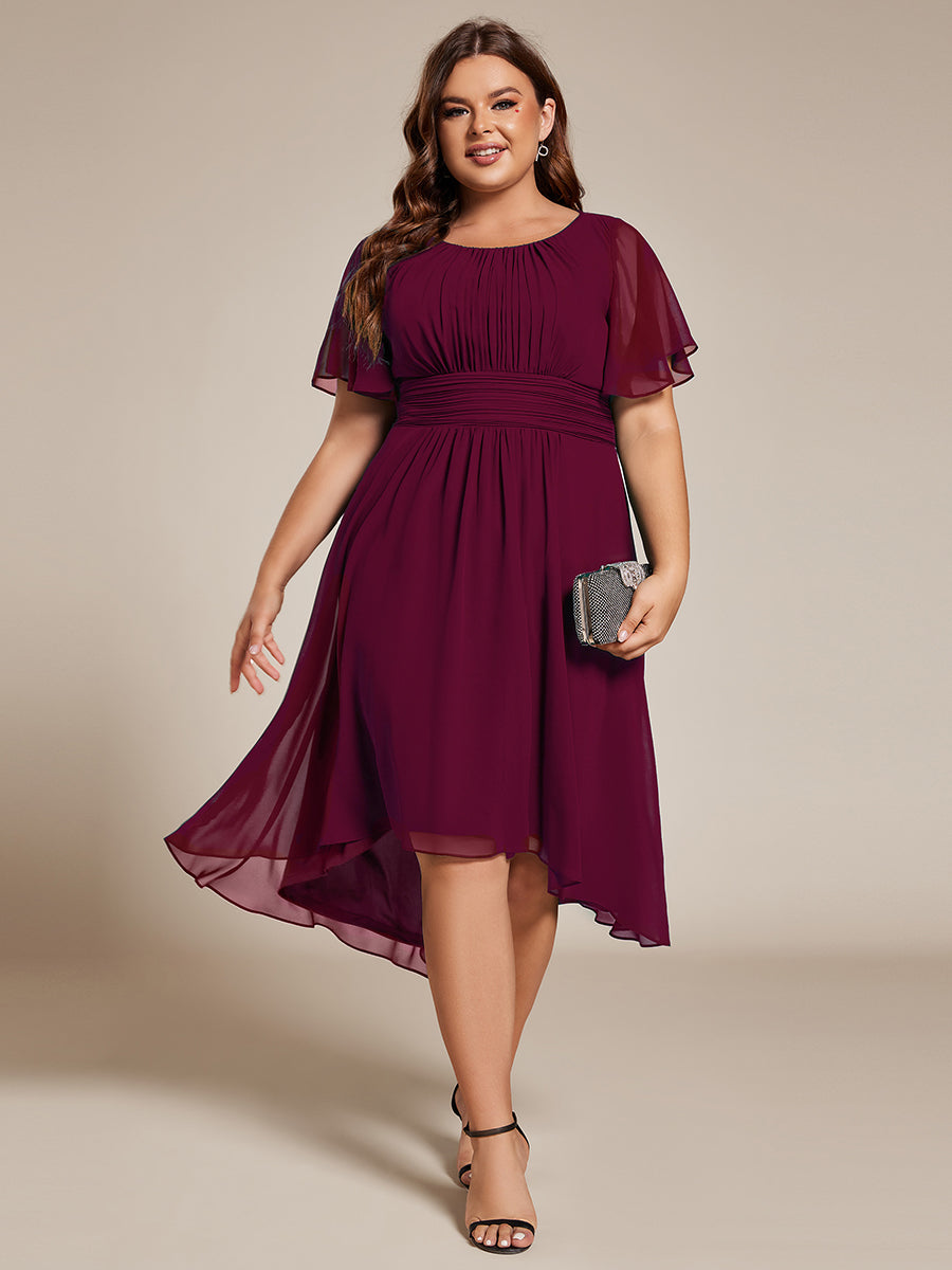 Robe d'invit¨¦ de mariage trap¨¨ze en mousseline fluide ¨¤ encolure ronde et longueur au genou #farbe_Burgunderrot