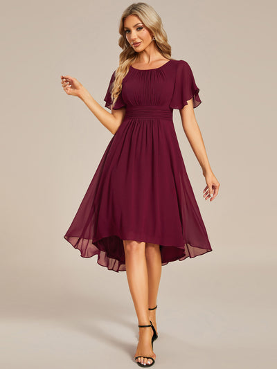 Robe d'invit¨¦ de mariage trap¨¨ze en mousseline fluide ¨¤ encolure ronde et longueur au genou #farbe_Burgunderrot