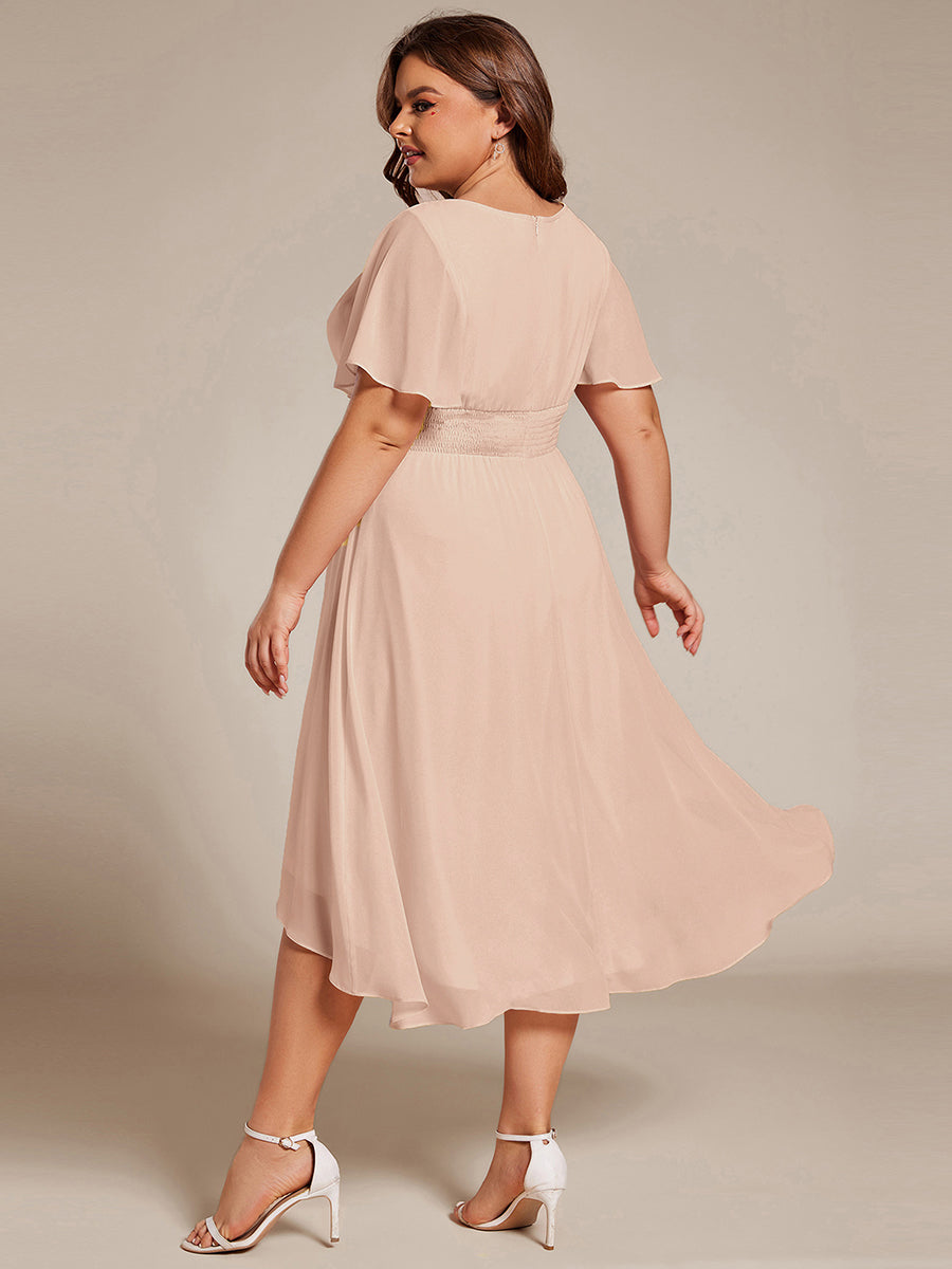 Robe d'invit¨¦ de mariage trap¨¨ze en mousseline fluide ¨¤ encolure ronde et longueur au genou #farbe_Blush-Rosa