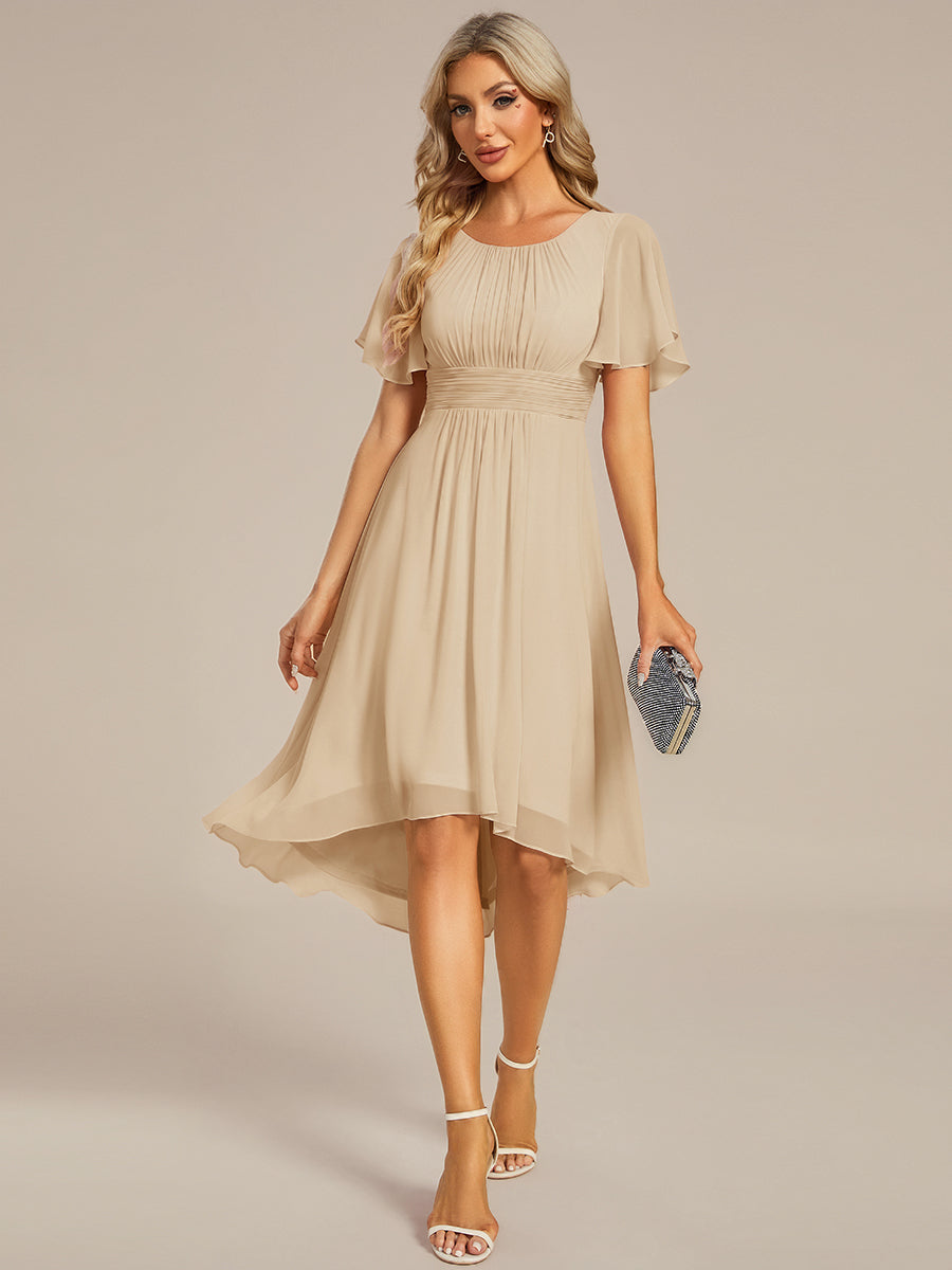 Robe d'invit¨¦ de mariage trap¨¨ze en mousseline fluide ¨¤ encolure ronde et longueur au genou #farbe_Champagner