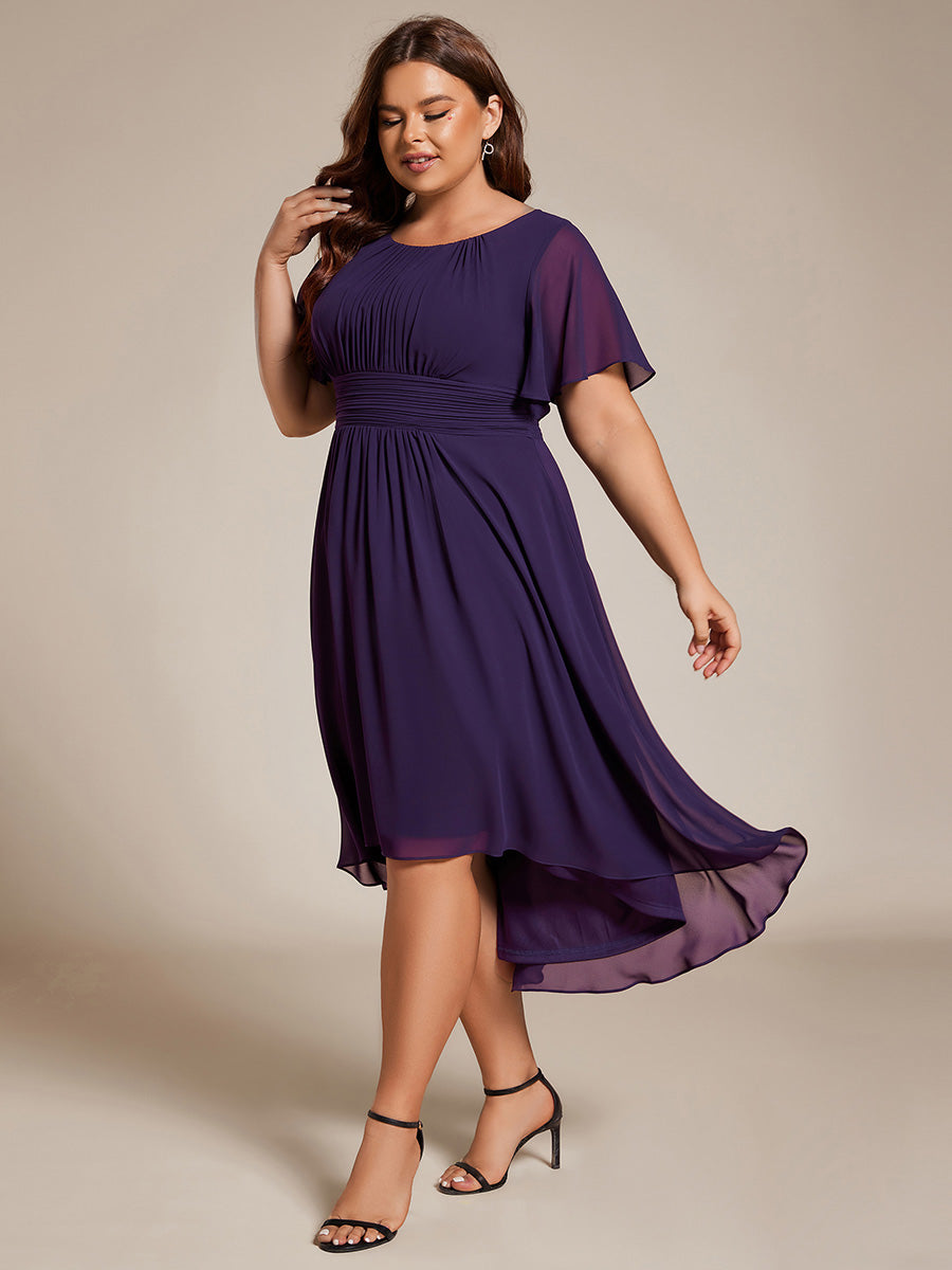Robe d'invit¨¦ de mariage trap¨¨ze en mousseline fluide ¨¤ encolure ronde et longueur au genou #farbe_Dunkelviolett