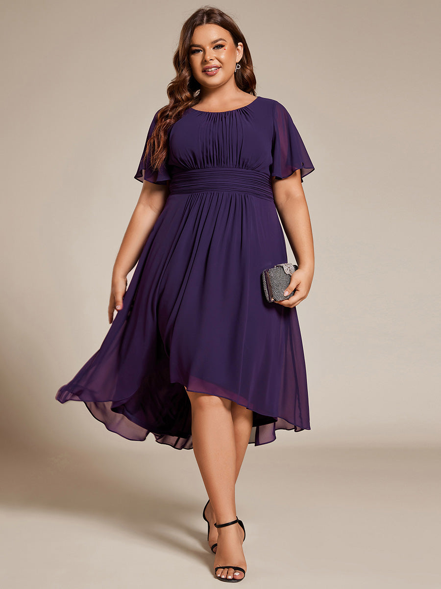 Robe d'invit¨¦ de mariage trap¨¨ze en mousseline fluide ¨¤ encolure ronde et longueur au genou #farbe_Dunkelviolett