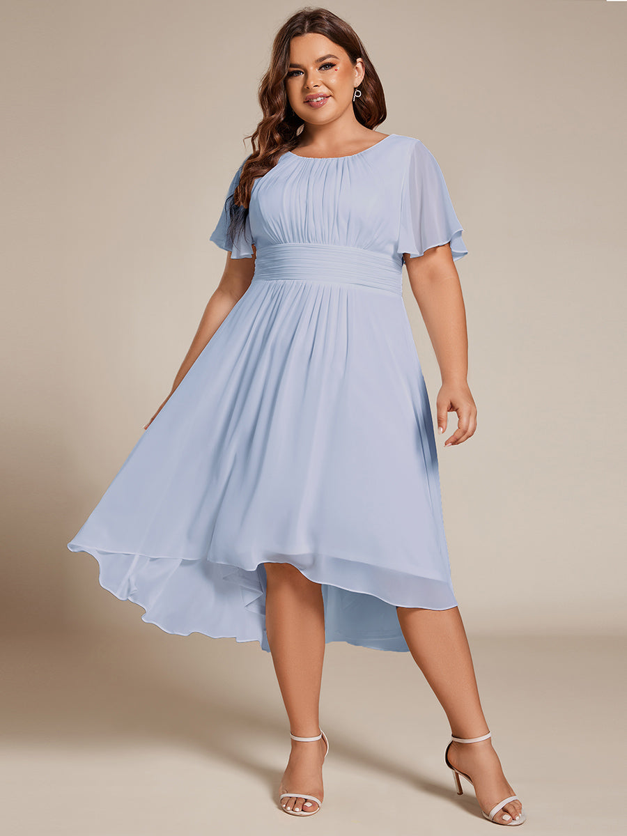 Robe d'invit¨¦ de mariage trap¨¨ze en mousseline fluide ¨¤ encolure ronde et longueur au genou #farbe_Eisblau