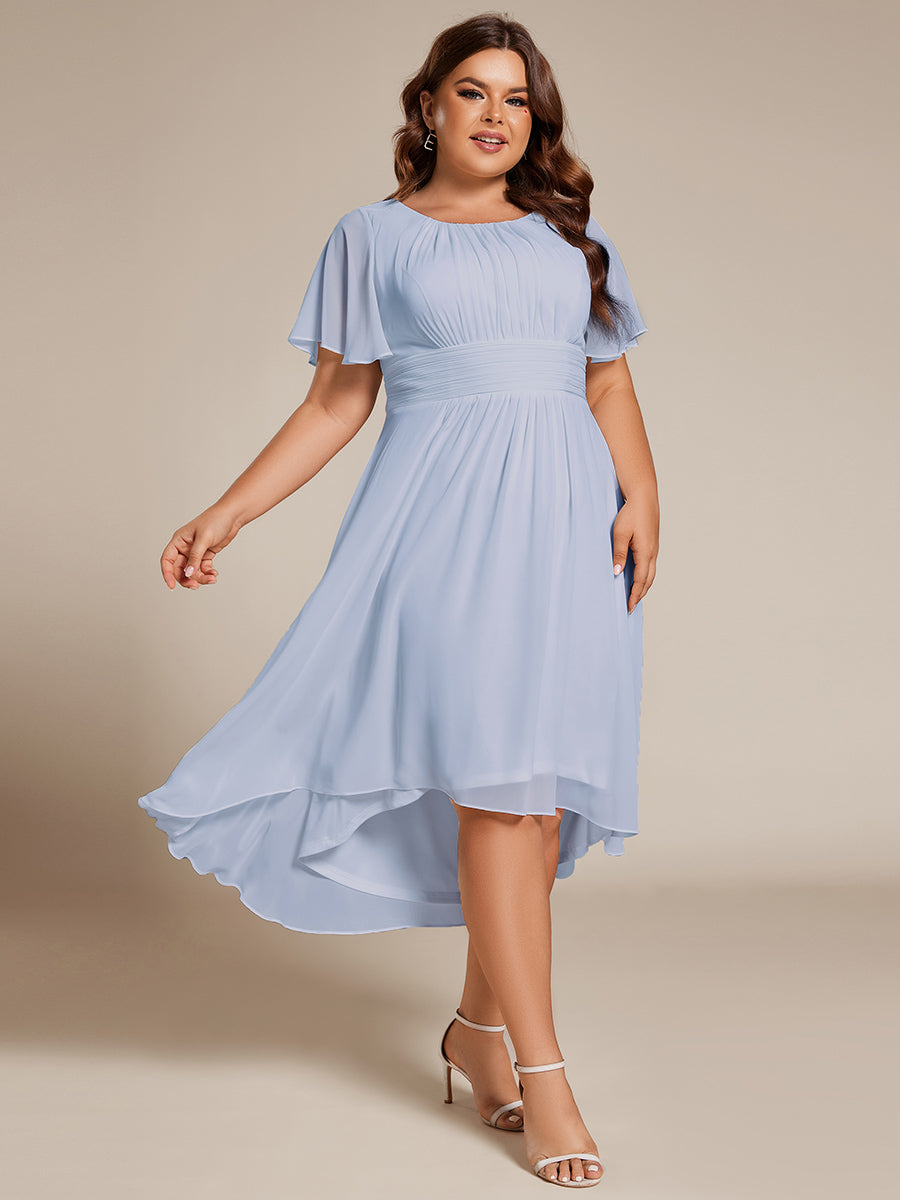 Robe d'invit¨¦ de mariage trap¨¨ze en mousseline fluide ¨¤ encolure ronde et longueur au genou #farbe_Eisblau