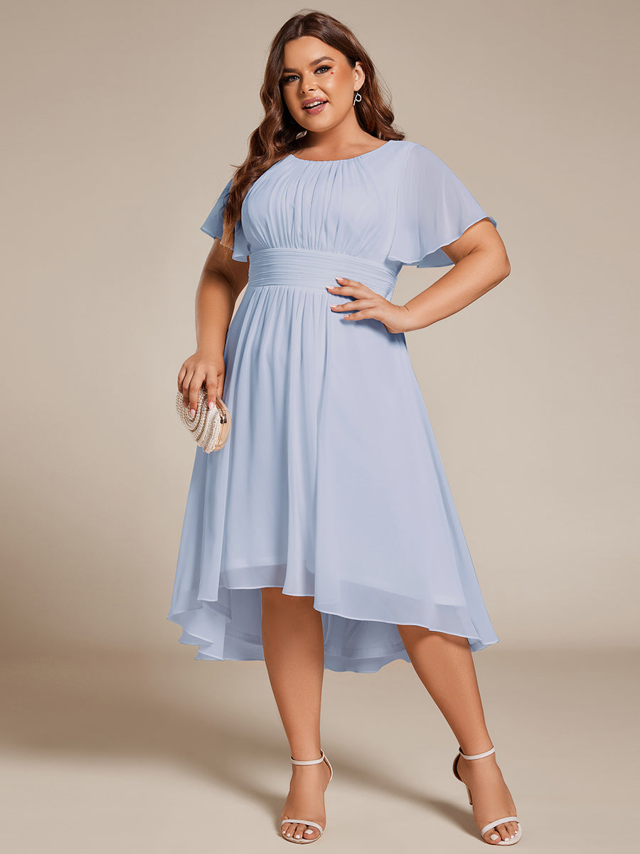 Robe d'invit¨¦ de mariage trap¨¨ze en mousseline fluide ¨¤ encolure ronde et longueur au genou #farbe_Eisblau