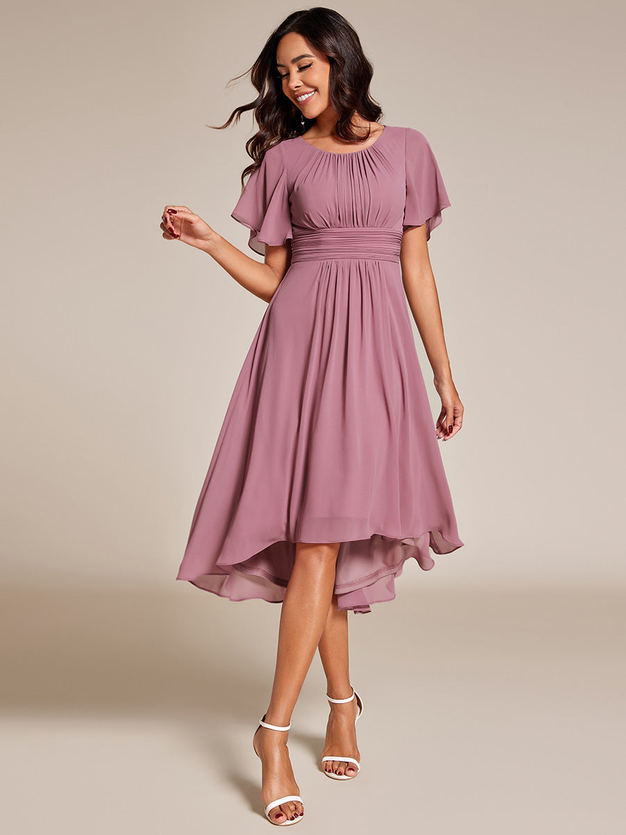 Robe d'invit¨¦ de mariage trap¨¨ze en mousseline fluide ¨¤ encolure ronde et longueur au genou #farbe_Orchideenviolett