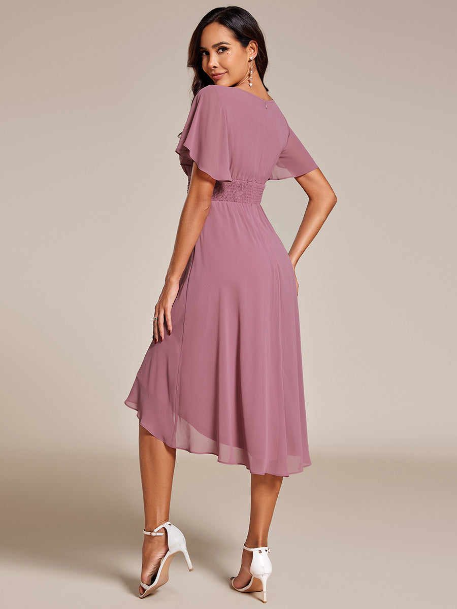 Robe d'invit¨¦ de mariage trap¨¨ze en mousseline fluide ¨¤ encolure ronde et longueur au genou #farbe_Orchideenviolett