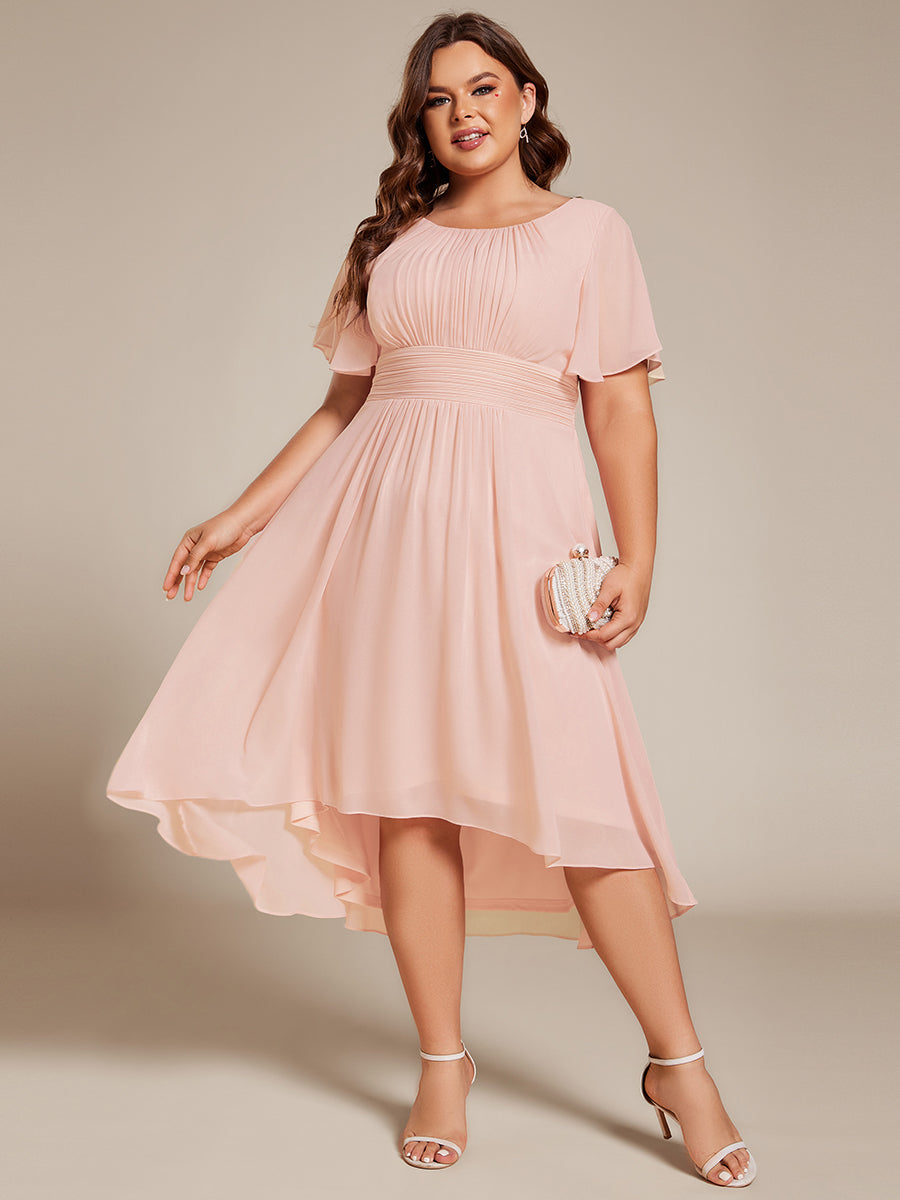 Robe d'invit¨¦ de mariage trap¨¨ze en mousseline fluide ¨¤ encolure ronde et longueur au genou #farbe_Pink