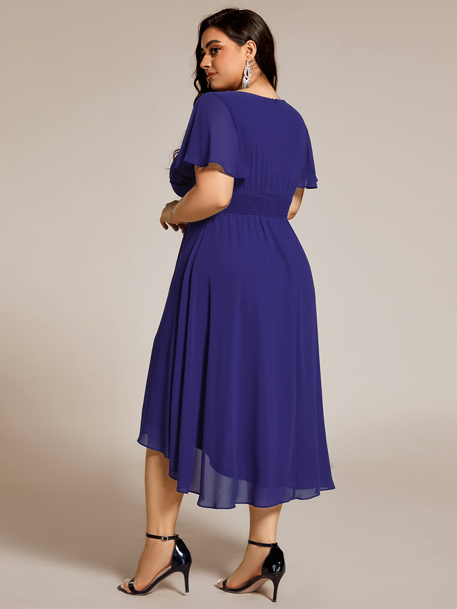 Robe d'invit¨¦ de mariage trap¨¨ze en mousseline fluide ¨¤ encolure ronde et longueur au genou #farbe_Saphirblau