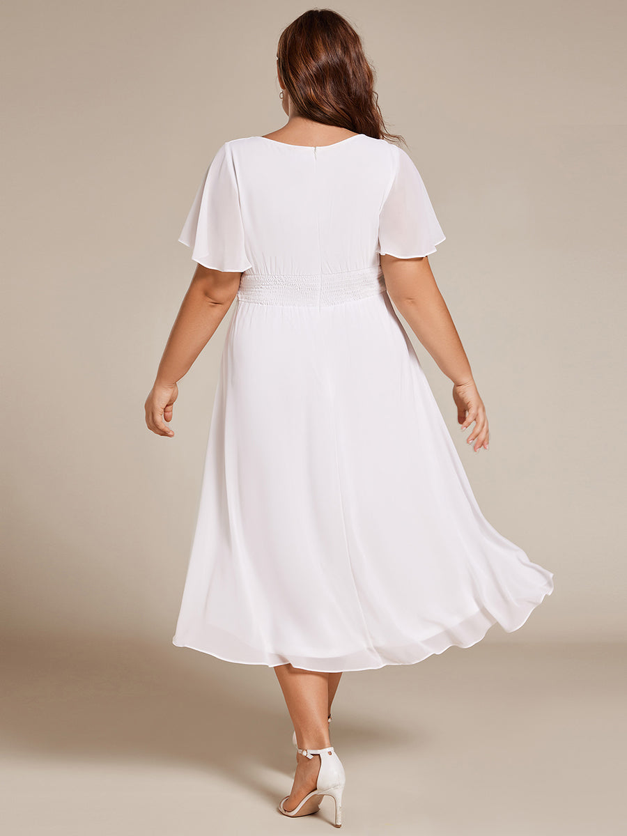 Robe d'invit¨¦ de mariage trap¨¨ze en mousseline fluide ¨¤ encolure ronde et longueur au genou #farbe_Weiß