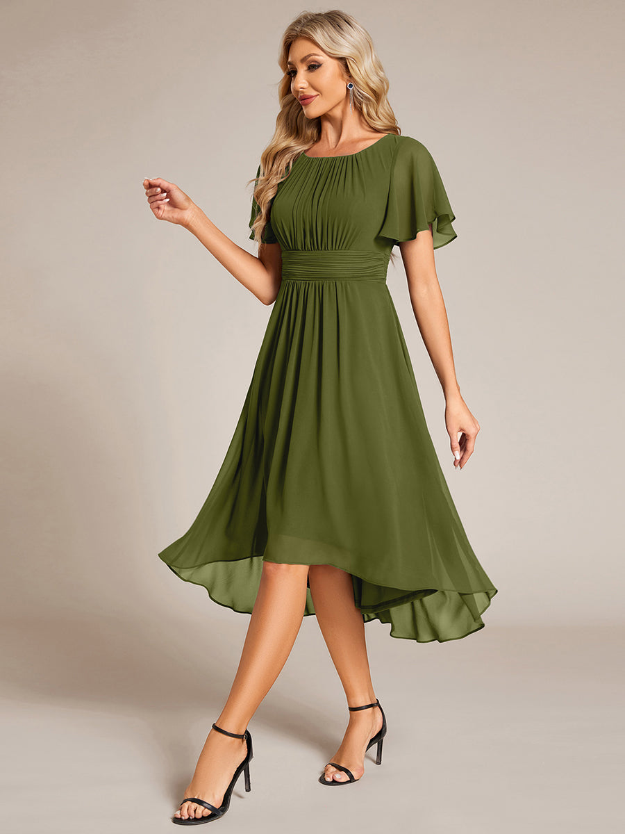 Robe d'invit¨¦ de mariage trap¨¨ze en mousseline fluide ¨¤ encolure ronde et longueur au genou #farbe_Olivgrün