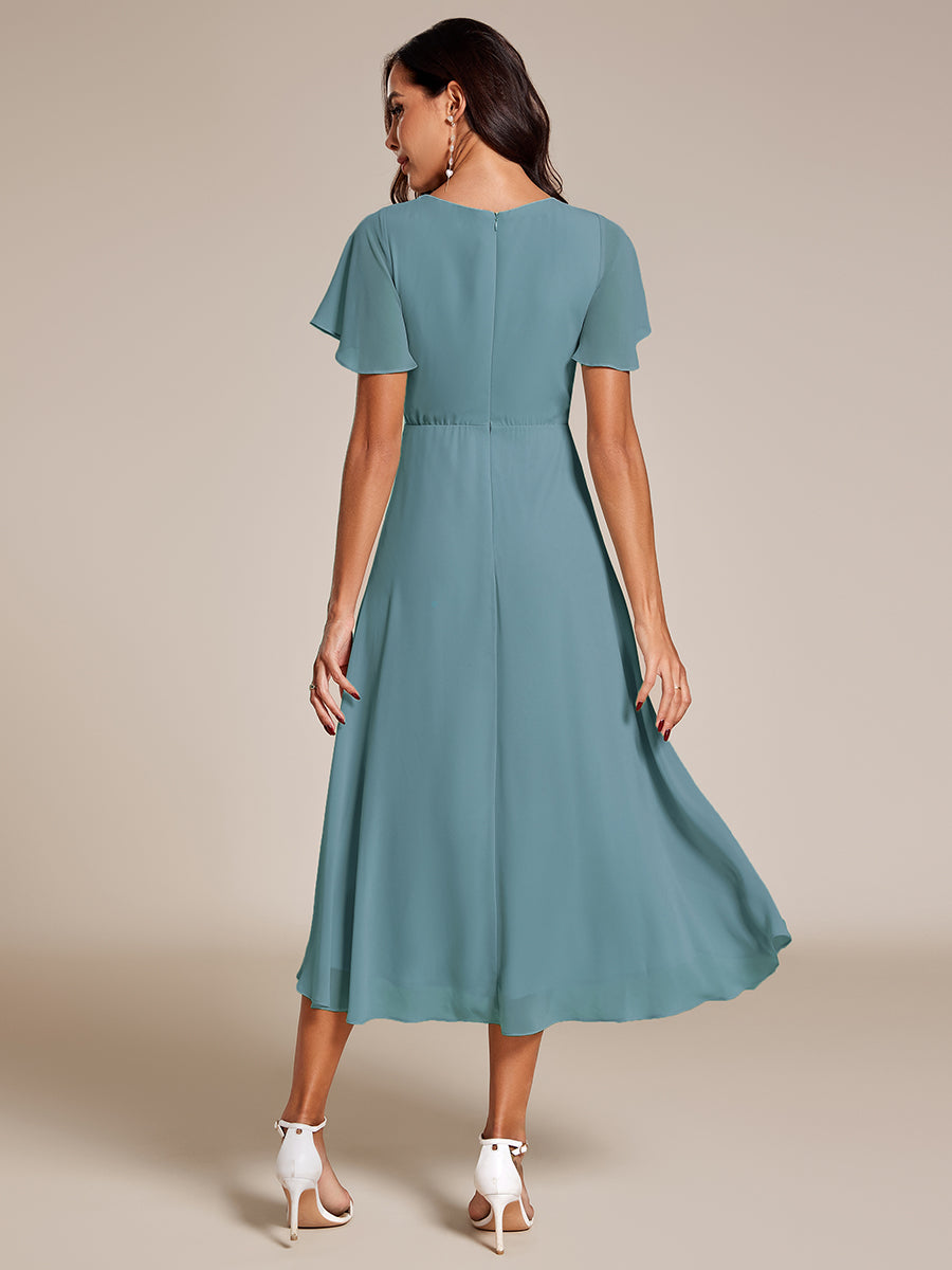 Funkelndes Abendkleid in A-Linie mit Empire-Taille und langen ?rmeln #farbe_Hellpetrol